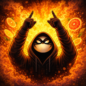 Halfway Crooks character, character pointing towards sky, citrus explosion.