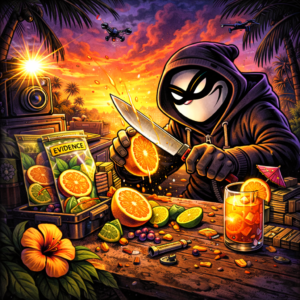 Halfway Crooks character, slicing orange, table full of citrus things.