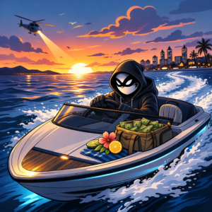 Halfway Crooks character, driving speedboat, getaway, police helicopter seeking.