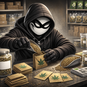 Halfway Crooks character packing cannabis seeds, hemp seeds, storage room.