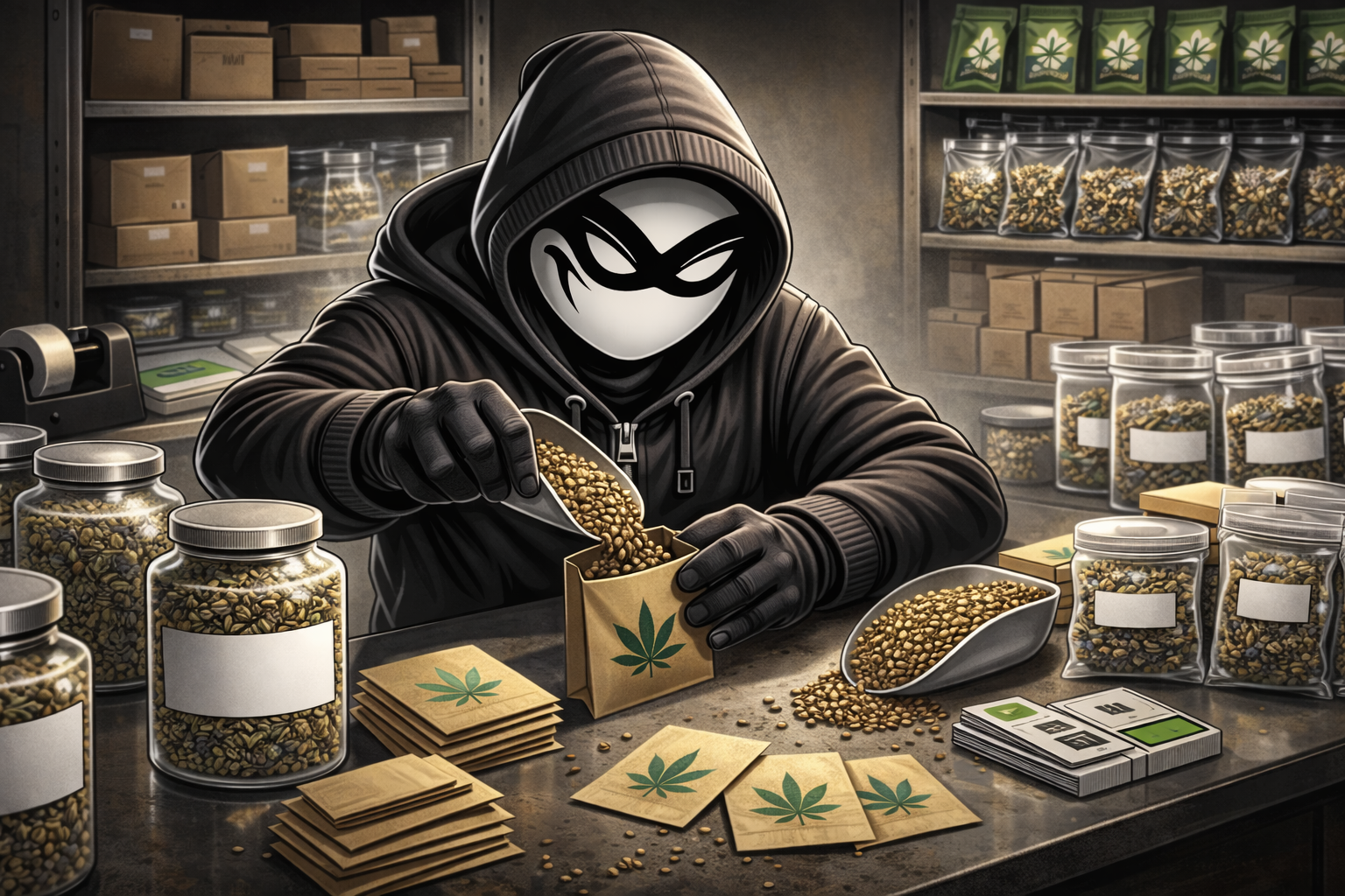 Halfway Crooks character packing cannabis seeds, hemp seeds, storage room.