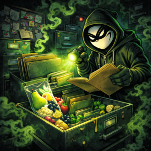 Halfway Crooks character, going throuh the evidence locker, feeling jealousy.