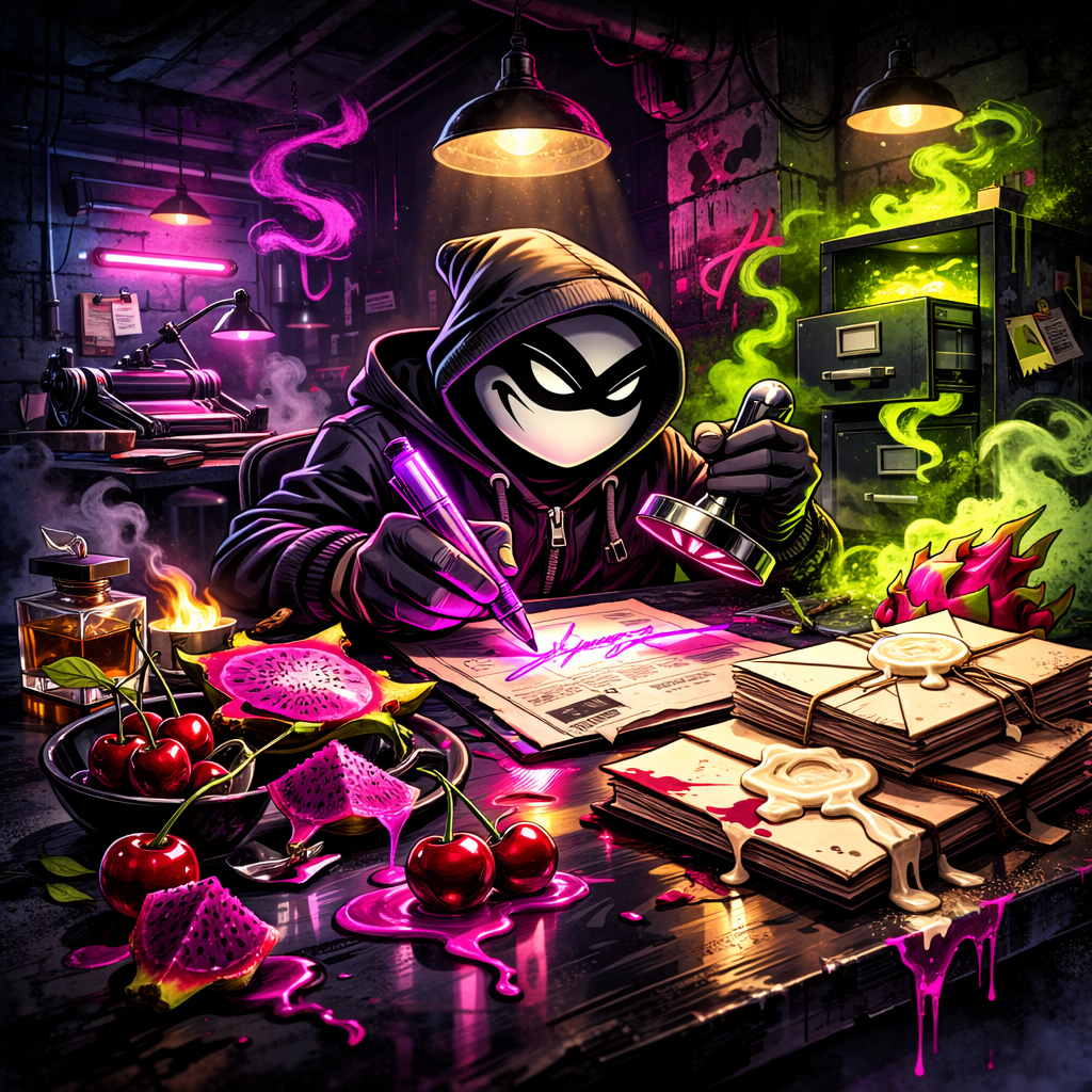 Halfway Crook character, forgering files, gas fumes, sweet fruits.