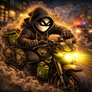 Halfway Crooks character, moving fast with motorcycle, gas fumes.