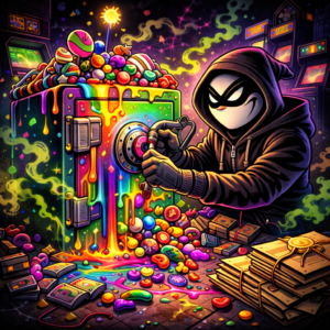Halfway Crooks character, crook opening safe, candy dripping everywhere, rainbow.