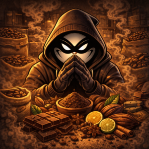 Halfway Crooks character, sitting at the table, lot of chocolate, hint of citrus.